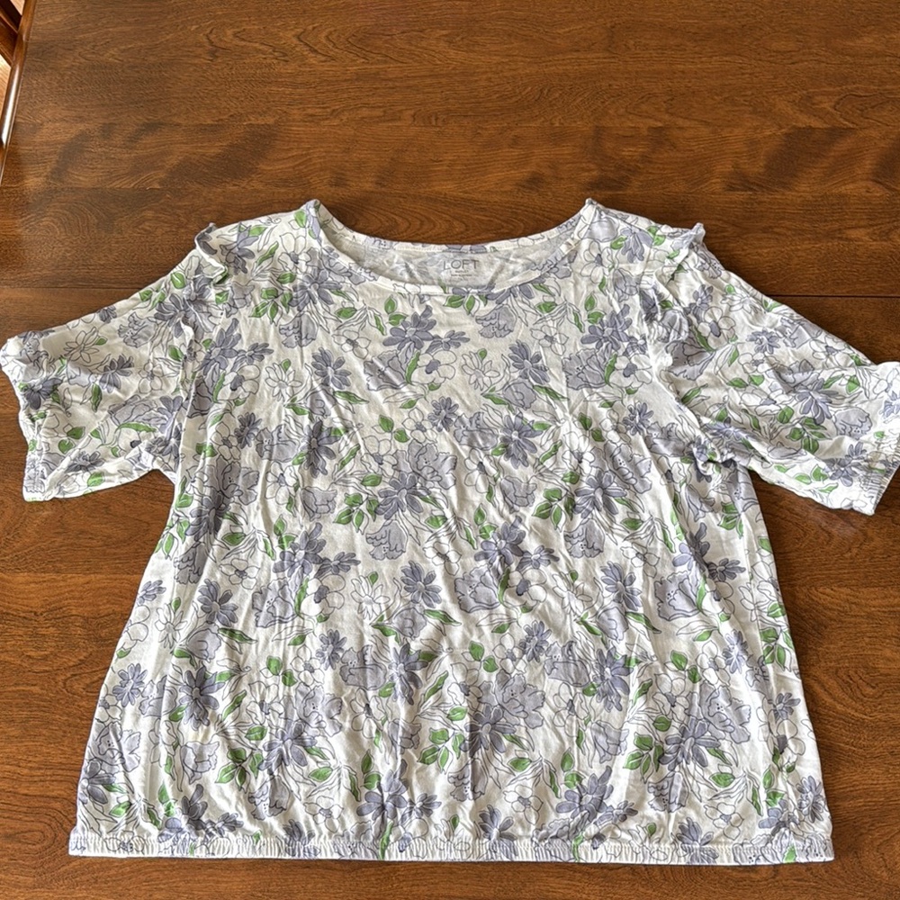 LOFT White and Purple Short Sleeve Boxy Blouse